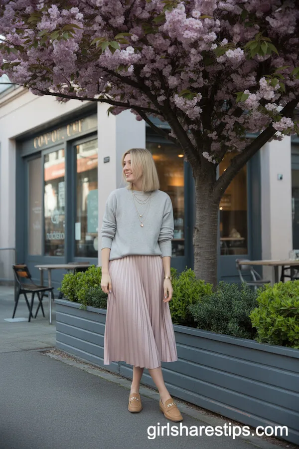 Cashmere Sweater Pleated Midi Skirt Spring Look