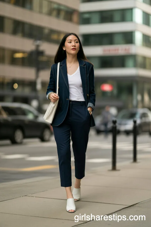 Denim Blazer with Navy Trousers Business-Casual Outfit
