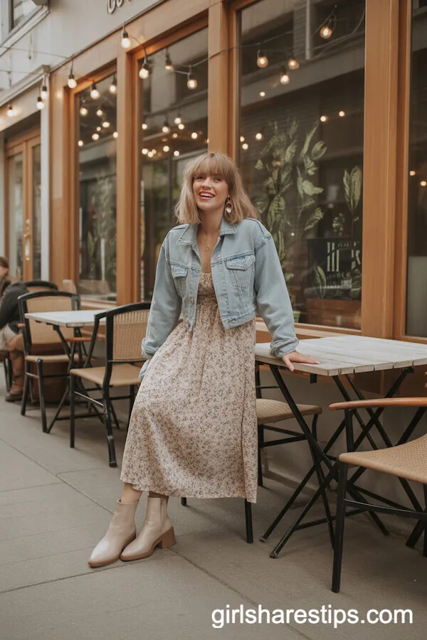 Floral Midi Dress with Cropped Denim Jacket and Ankle Boots