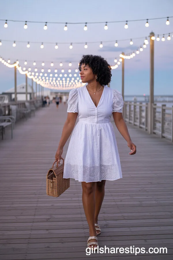 White Eyelet Knee-Length Dress with Woven Accessories