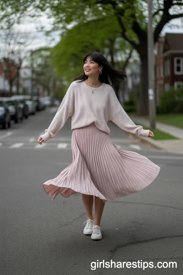 Pastel Pleated Midi Skirt with Fitted Sweater