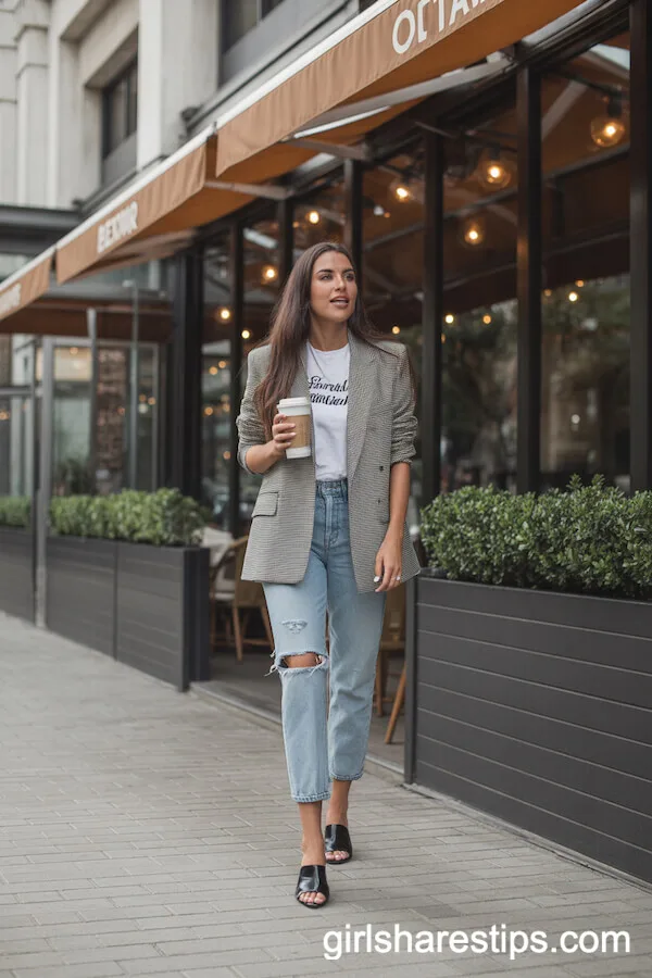 Cropped Distressed Jeans with Fitted Blazer and Graphic Tee