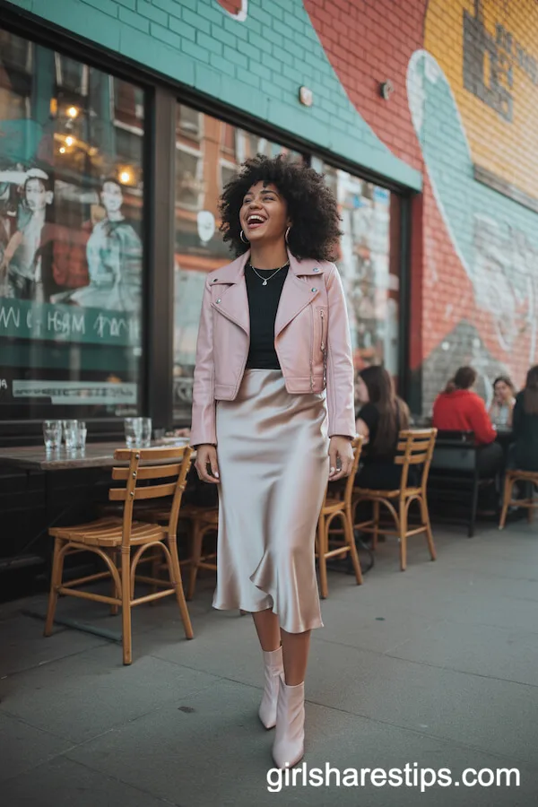 Pastel Leather Moto Jacket over Silk Midi Skirt and Heeled Boots