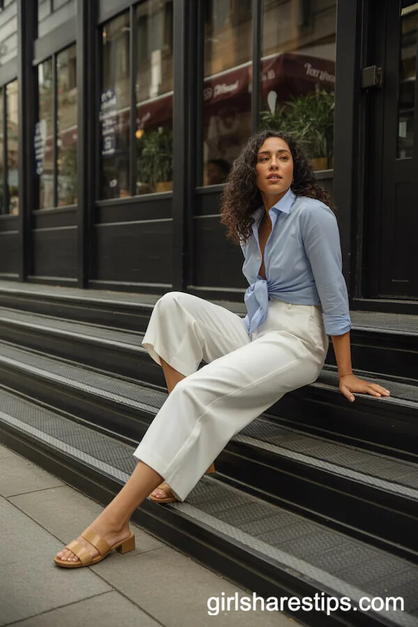 White Culottes with Half-Tucked Blue Button-Up Shirt