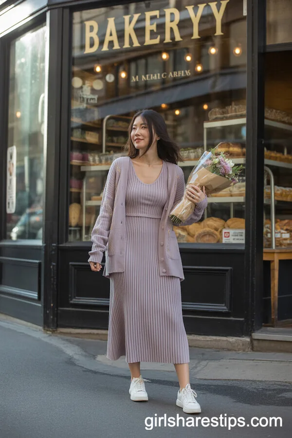 Knit Cardigan Matching Knit Midi Dress Sneakers