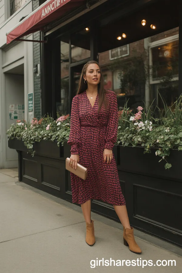 Bold Printed Wrap Dress with Tan Ankle Boots