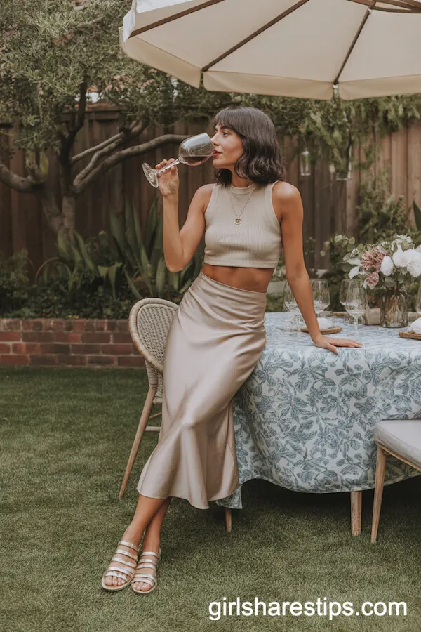 Satin Slip Skirt with Cropped Knit Top and Strappy Sandals