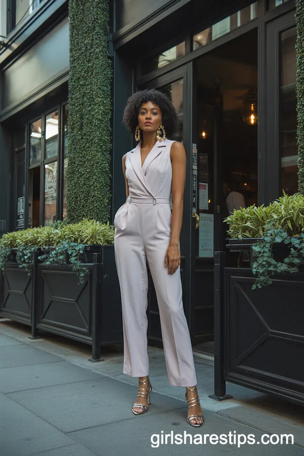 Pastel Tailored Jumpsuit with Gold Accessories and Strappy Heels
