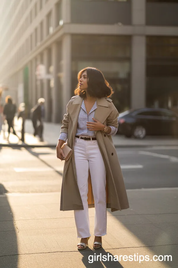 Beige Trench Coat over White Jeans and Striped Top