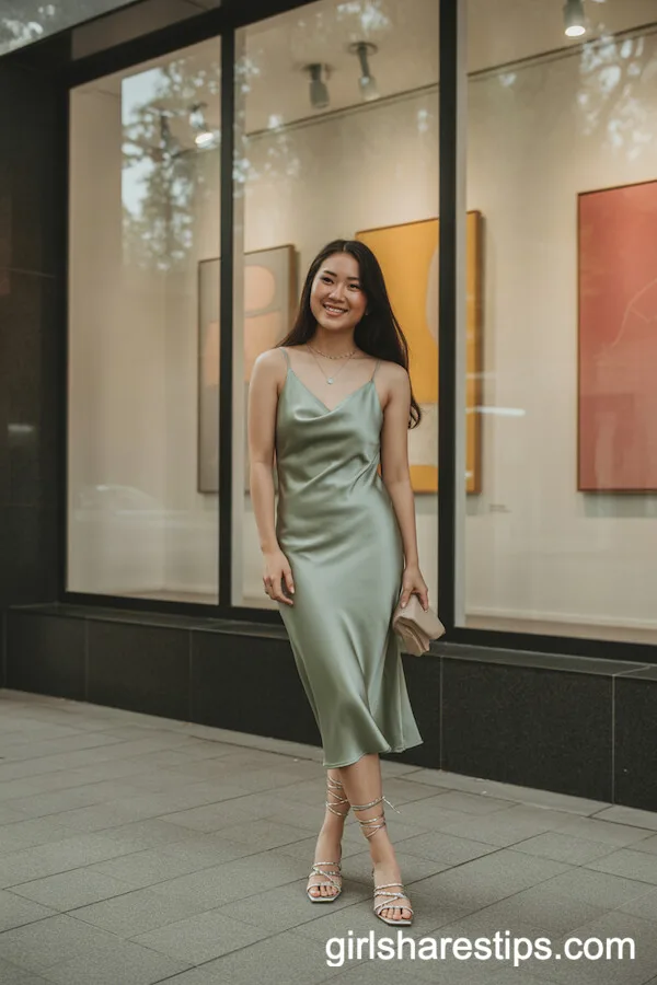 Sage Green Satin Slip Dress with Strappy Sandals