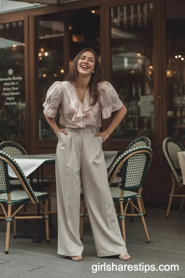 Blush Ruffled Blouse High-Waisted Wide-Leg Trousers