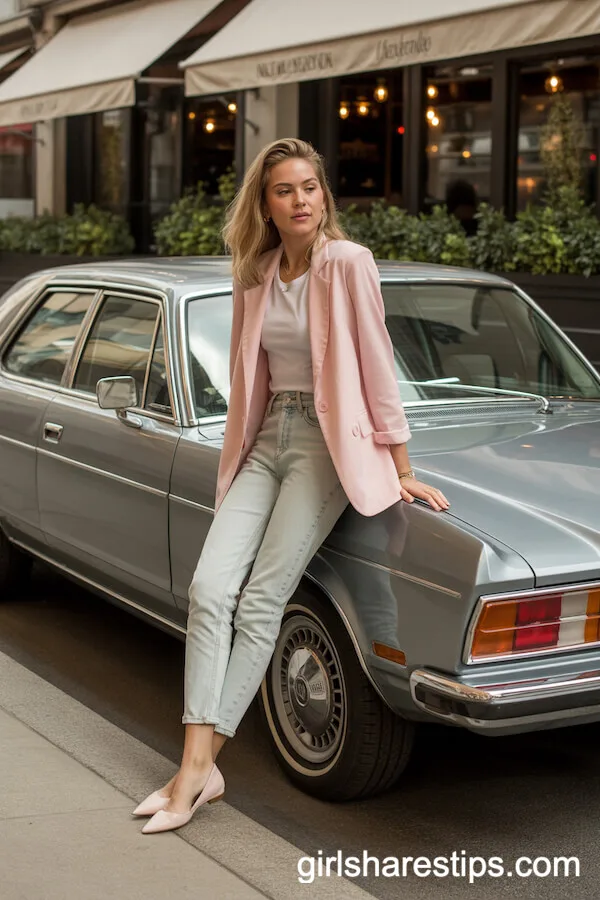 Pastel Pink Blazer Light-Wash Skinny Jeans