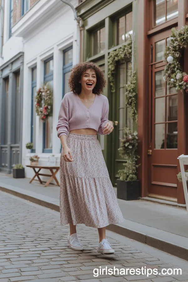 Floral Maxi Skirt and Fitted Cropped Cardigan with Sneakers