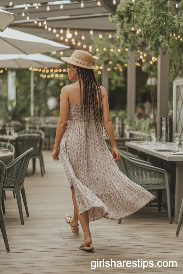 Bohemian Print Maxi Dress with Straw Hat and Flat Sandals