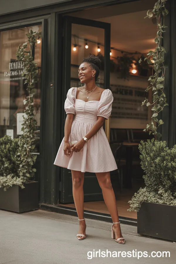 Pastel Puff Sleeve Mini Dress with Block Heels
