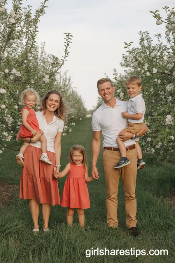 Coral, White, and Tan Outfits Among Spring Blossoms