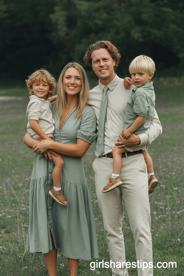 Modern Sage Green and Cream Outfits for a Wildflower Family Session
