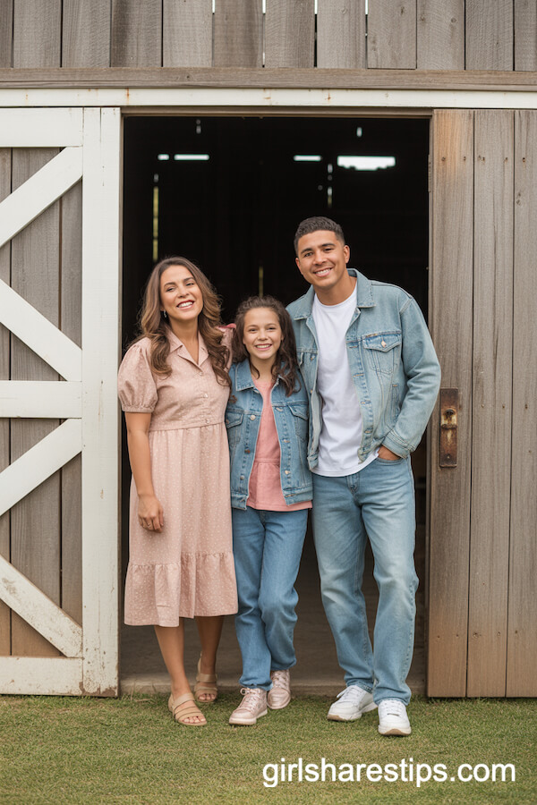 Blush, White, and Denim Layered Looks at a Rustic Barn