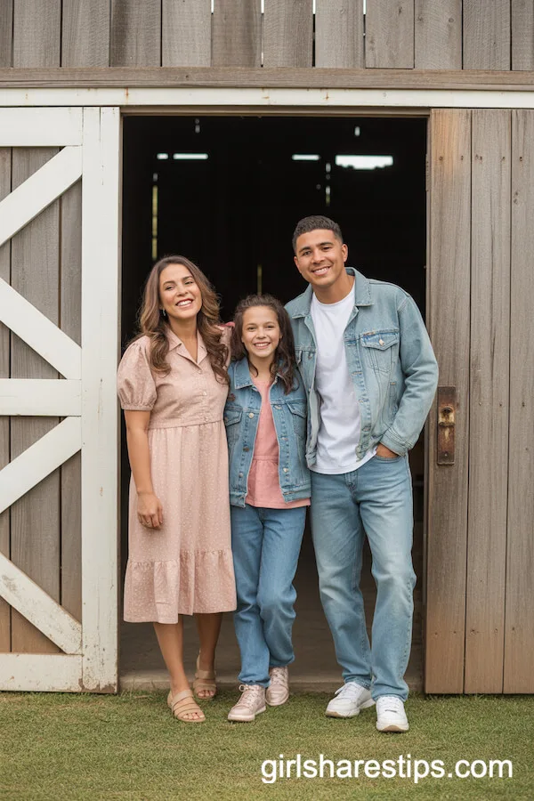 Blush, White, and Denim Layered Looks at a Rustic Barn