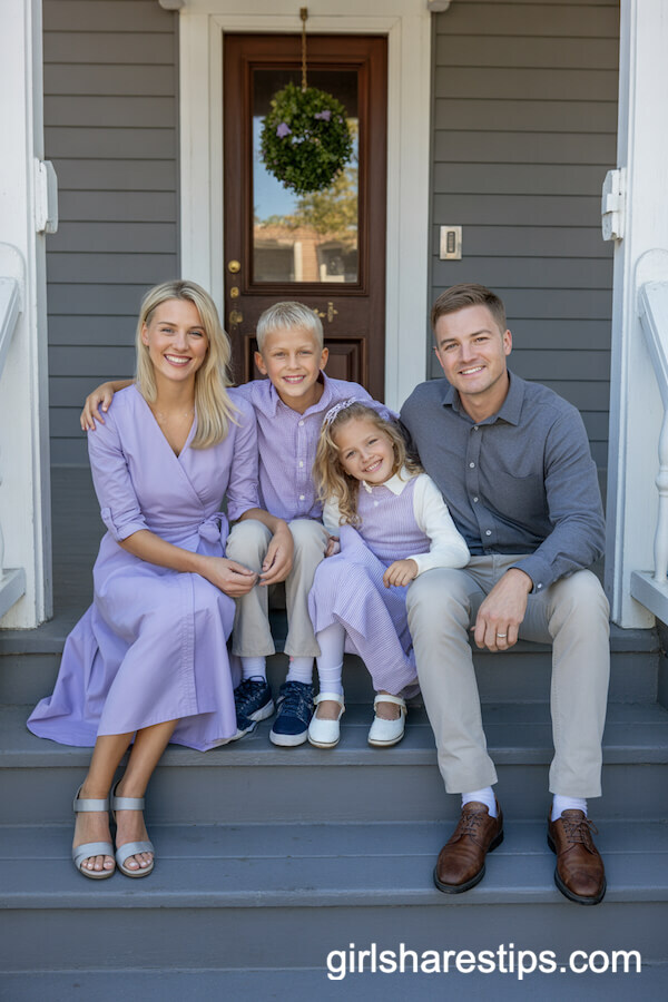 Coordinated Lavender and Gray for a Classic Porch Family Photo