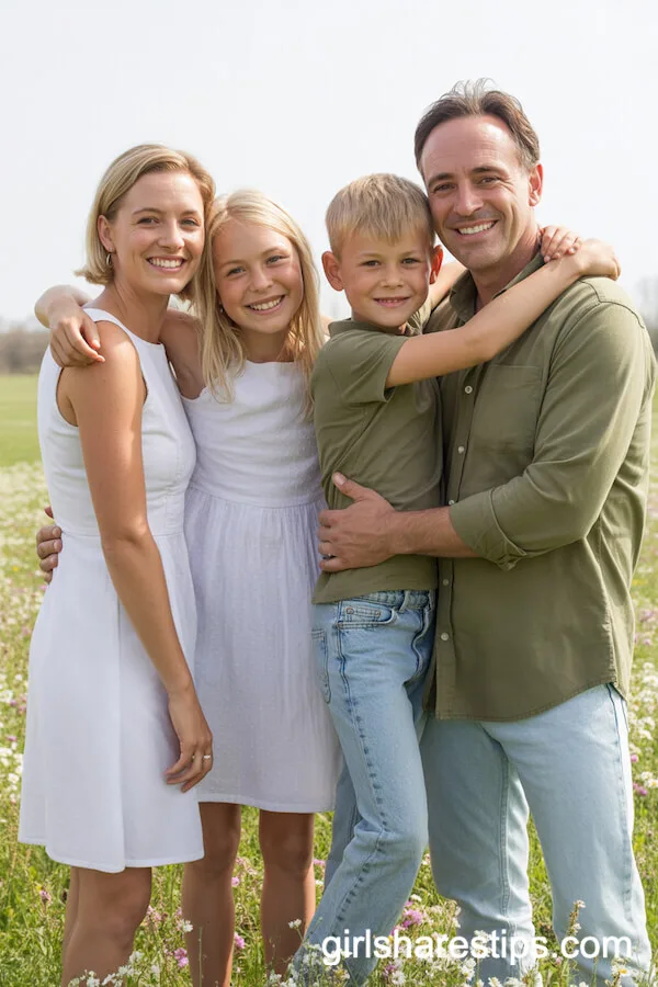 White Dresses and Olive Green Accents for a Mature Family Look
