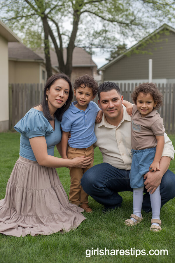 Sky Blue, Taupe, and Cream Outfits for a Suburban Family