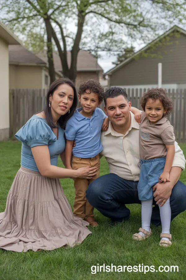 Sky Blue, Taupe, and Cream Outfits for a Suburban Family