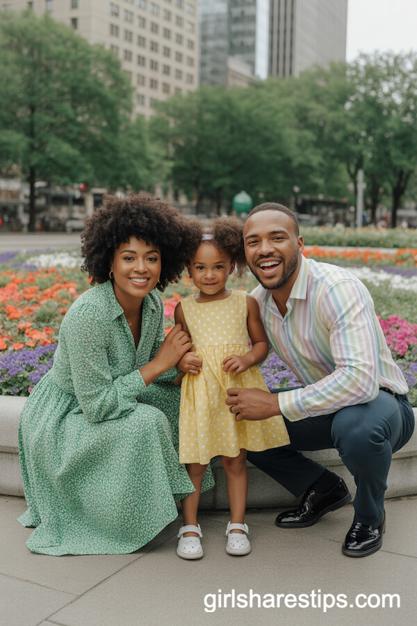 Coordinated Spring Patterns for a Flower Bed Family Photo