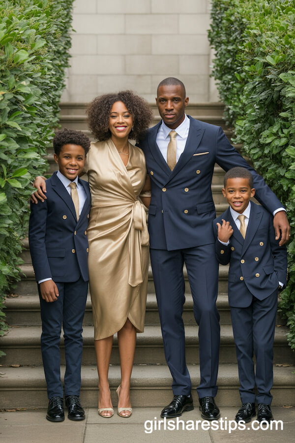 Navy and Gold Dressy Ensembles for a Black Family
