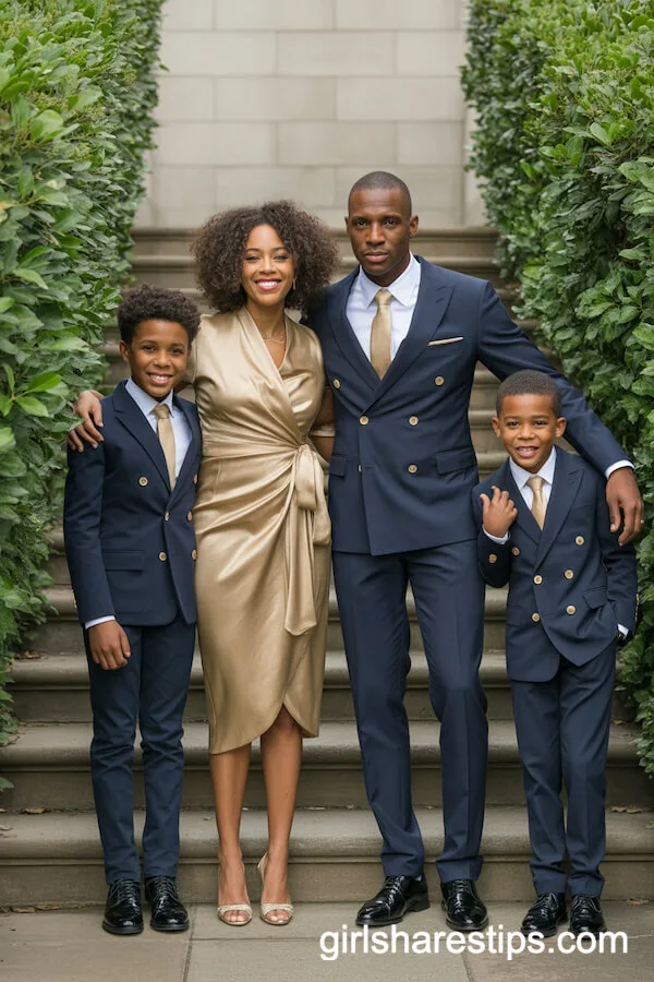 Navy and Gold Dressy Ensembles for a Black Family