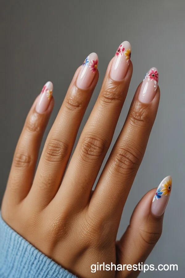 Boho-Inspired Round Nails with Painted Flower Crowns