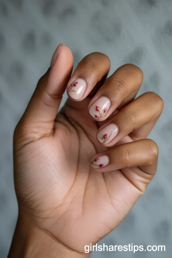 Short Square Nails with Daisy Chain Art on Sheer Pink