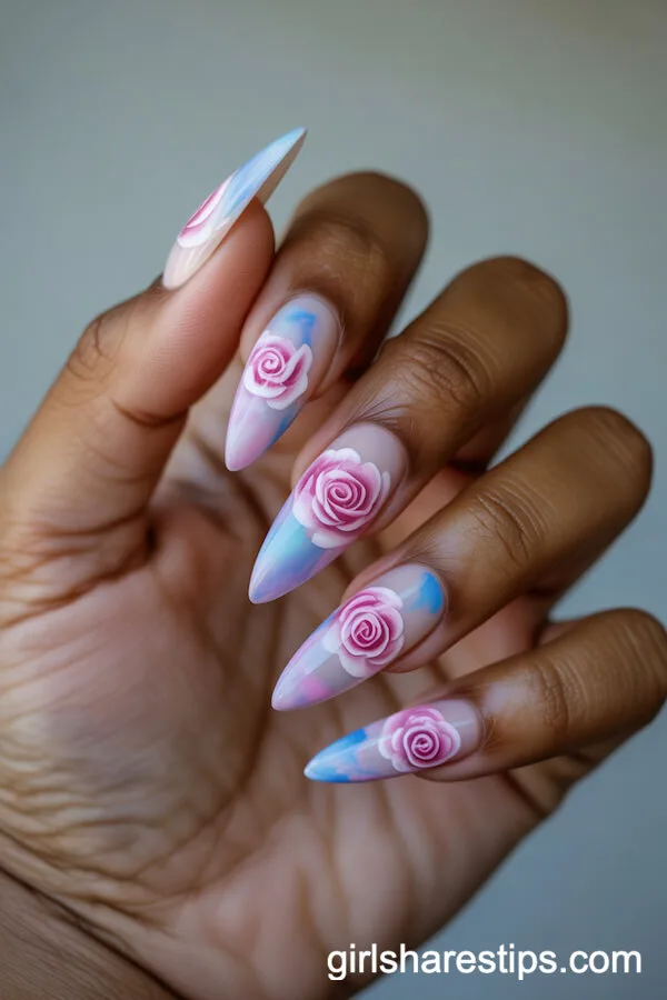 Abstract Pastel Floral Bouquets on Long Oval Nails