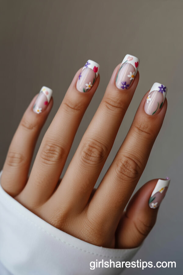 French Tipped Almond Nails with Single Red Poppy Detail