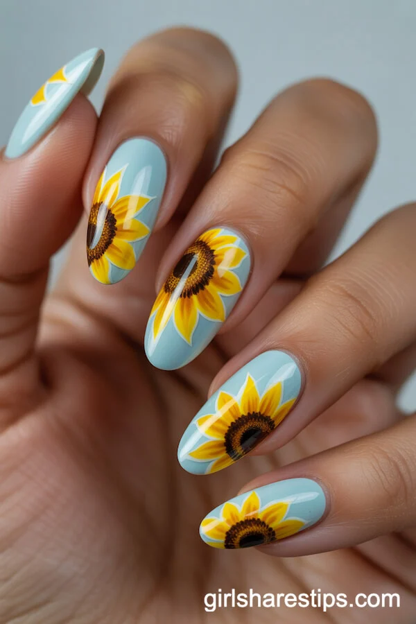 Glossy Nude Oval Nails with Hand-Painted Magnolia Blossoms