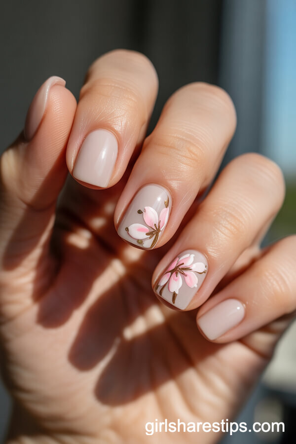 Sheer Tinted Square Nails with Freesia and Gold Foil Accents