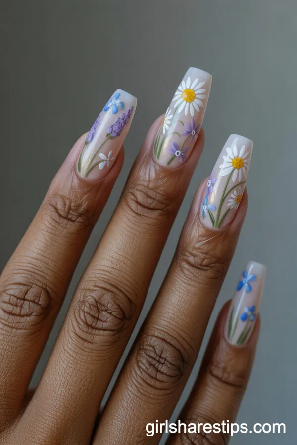 Soft Coral Tapered Square Nails with White and Peach Blossoms