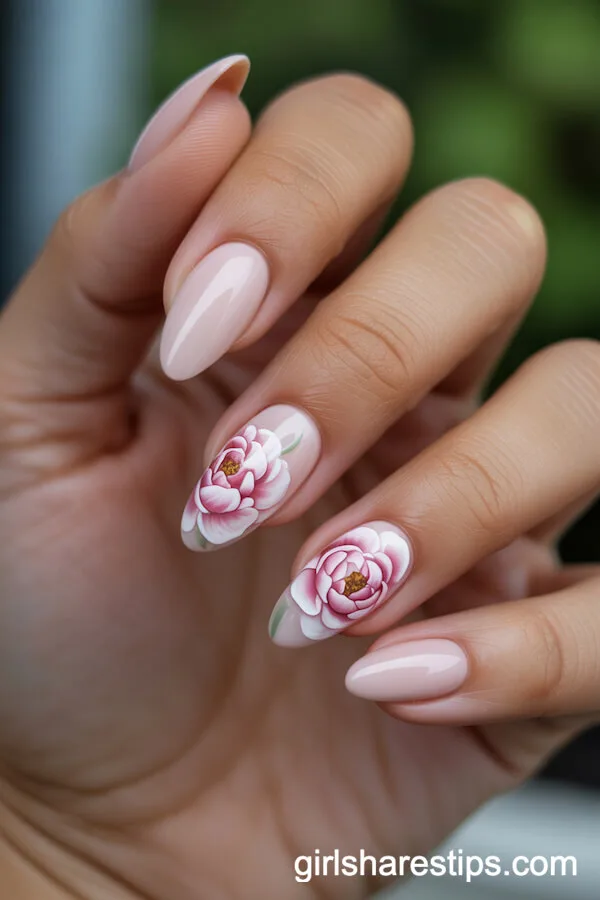 Matte Round Nails with Realistic Violet and Green Leaf Designs