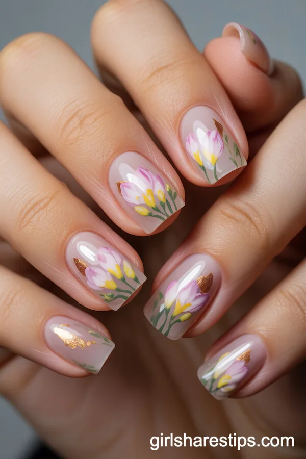 Short Square Nude Nails with Pink Cherry Blossom Accents