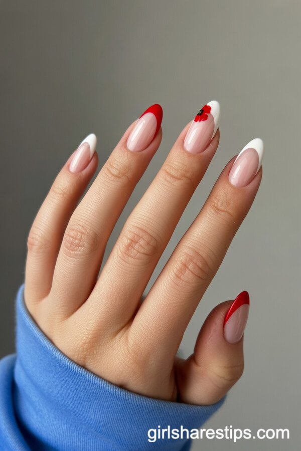 Modern French Tips with Tiny Colorful Spring Flowers