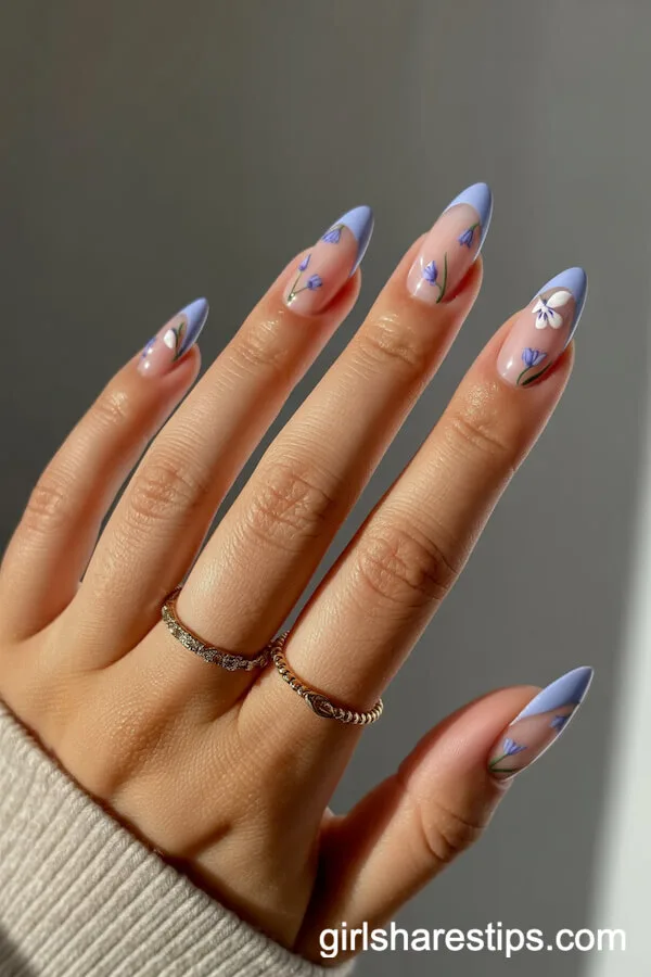 Sage Green Oval Nails with Realistic Wildflower Details