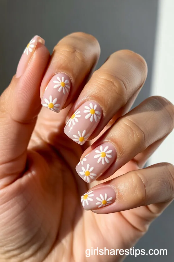 Tinted Short Round Nails with Tiny Wild Rosebud Accents
