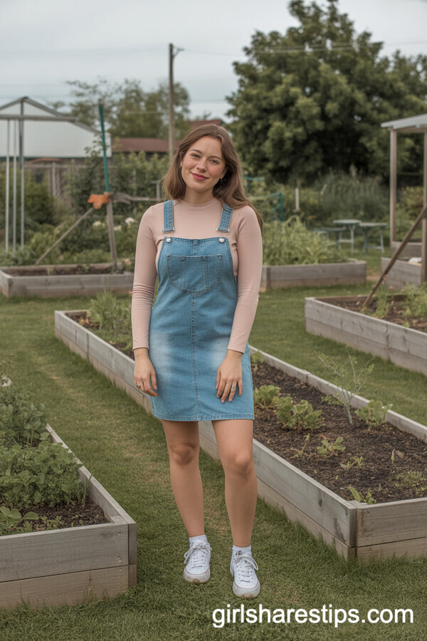 Denim Overall Dress Layered with Blush Top