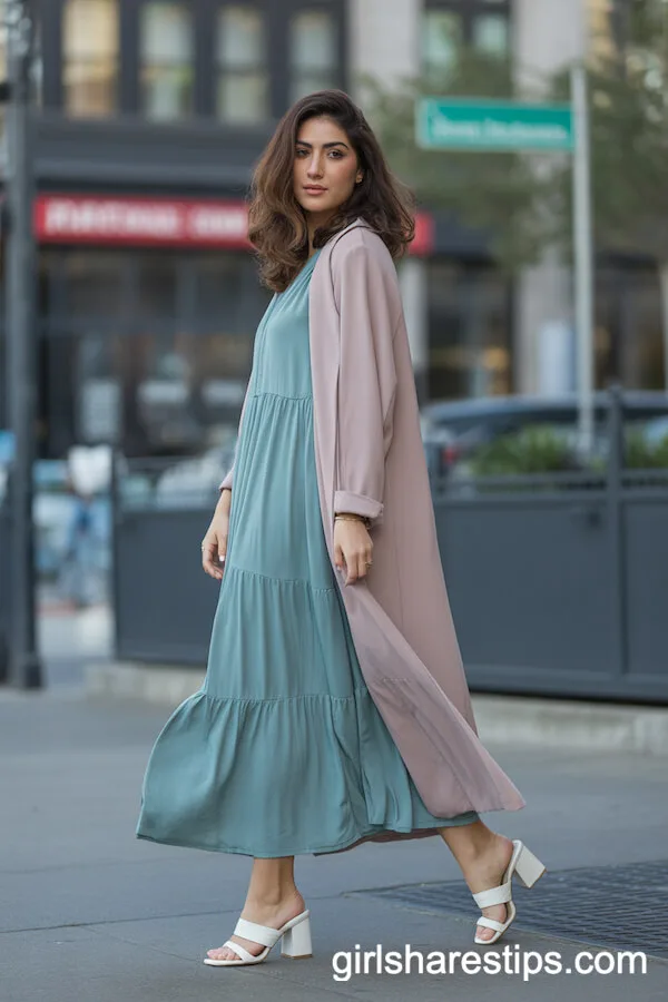 Teal Flowy Dress Layered with Pastel Duster Coat