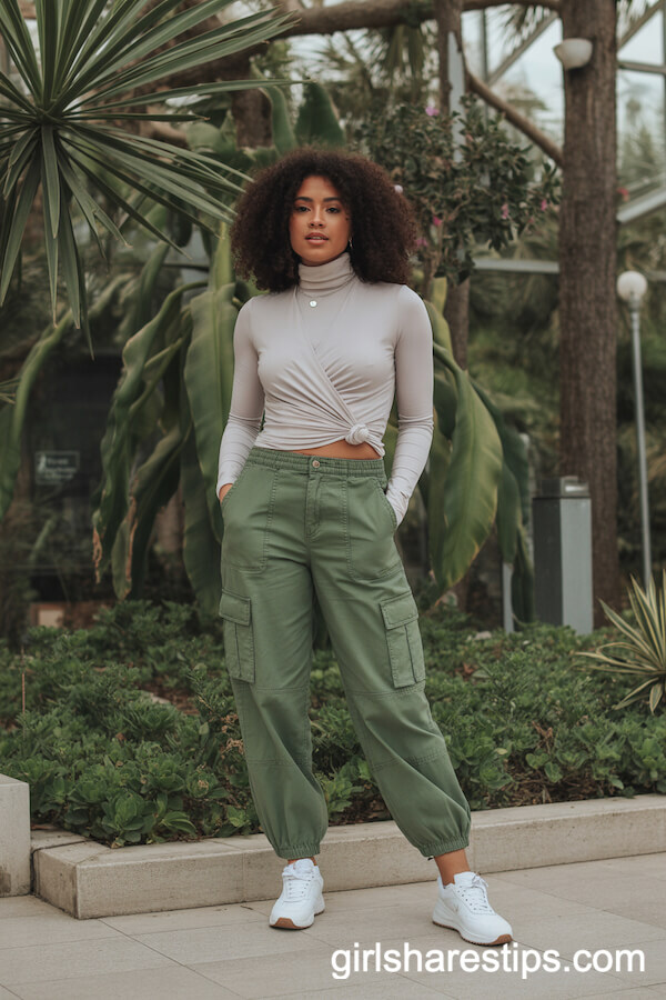 Olive Cargo Pants and Ivory Turtleneck Spring Look