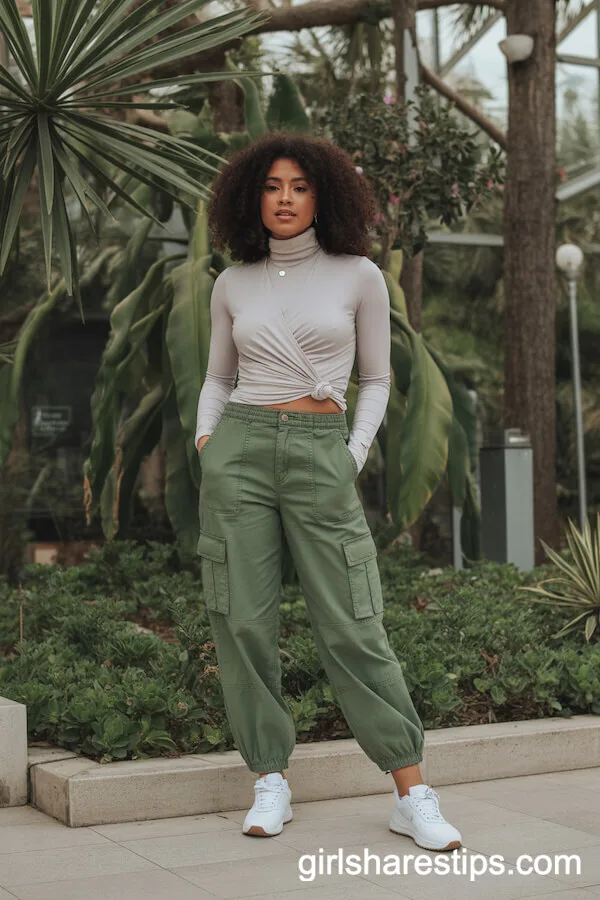 Olive Cargo Pants and Ivory Turtleneck Spring Look