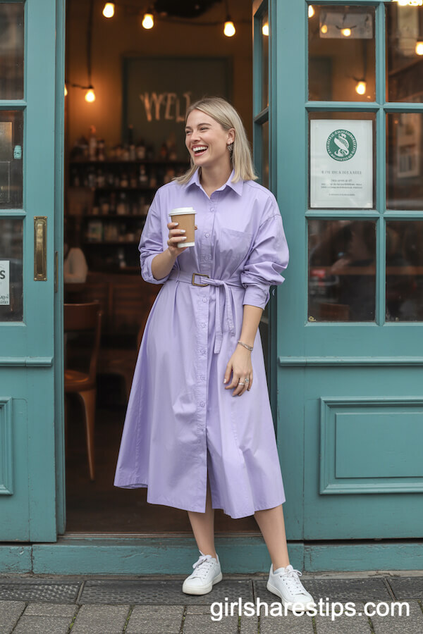 Lavender Shirt Dress with White Sneakers Café Style