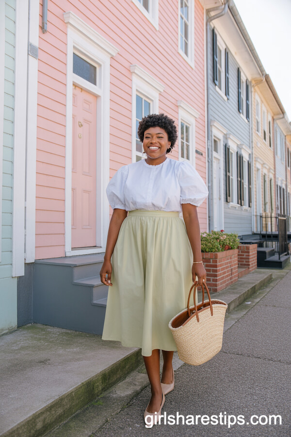 Puff-Sleeve Blouse Yellow A-Line Midi Skirt