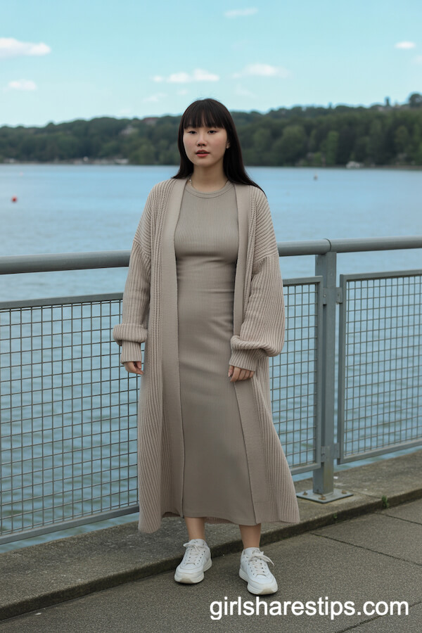 Oatmeal Cardigan over Fitted T-Shirt Dress