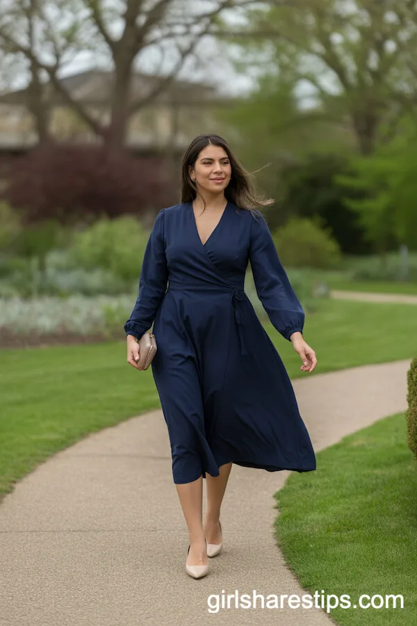 Navy Wrap Midi Dress with Nude Flats Garden Stroll